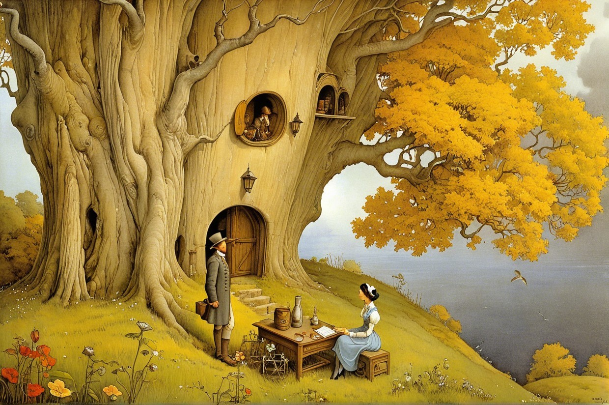 Whimsical Scene by a Giant Tree with Cozy Home Trunk