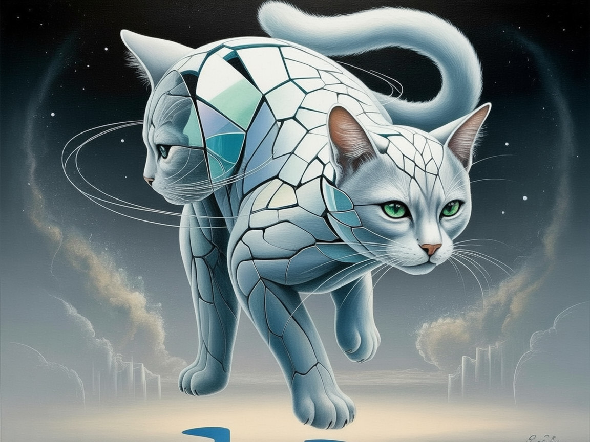 Surreal Two-Headed Cat in Dreamy Night Sky