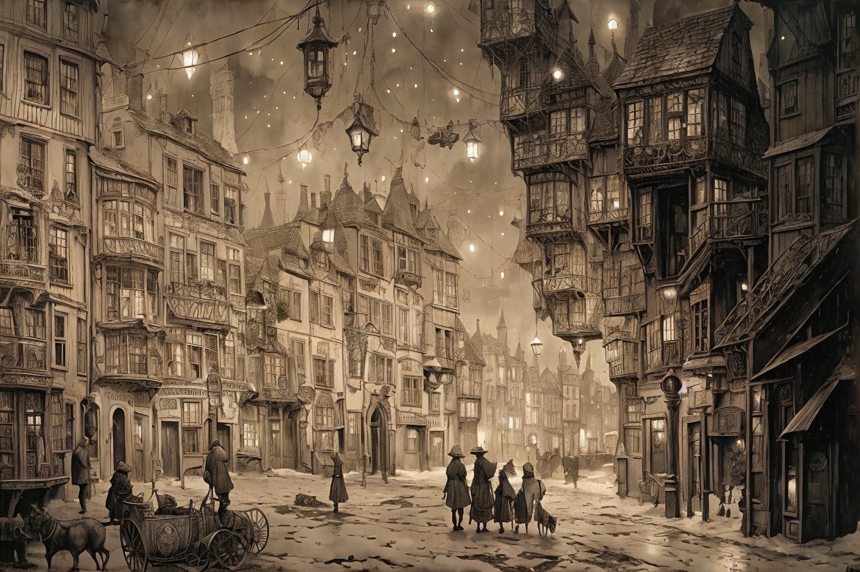 Snow-Covered Vintage Town Street with Lanterns and Buildings