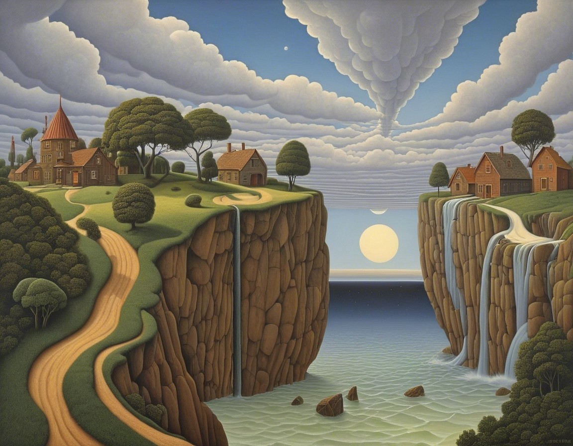 Surreal Landscape with Cliffs and Waterfalls