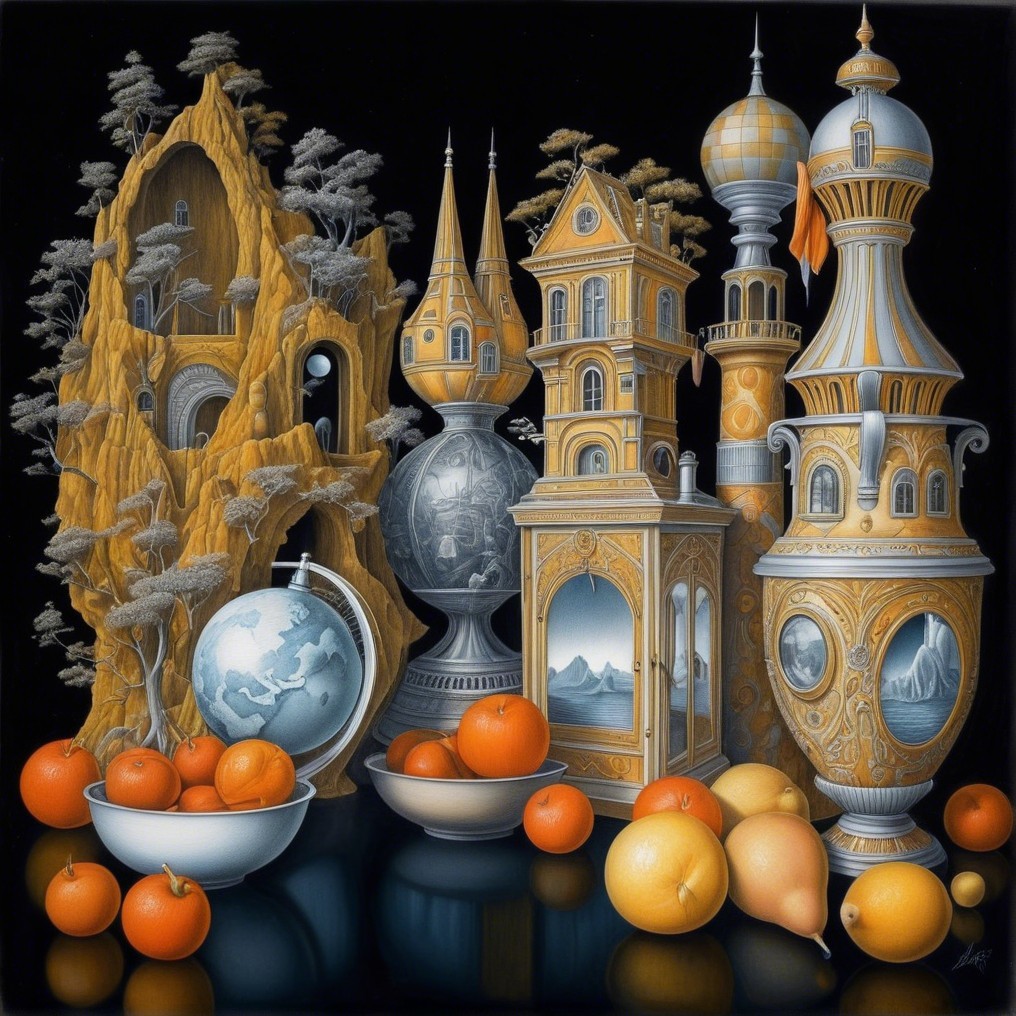 Intricate Still Life of Architectural Forms and Fruits
