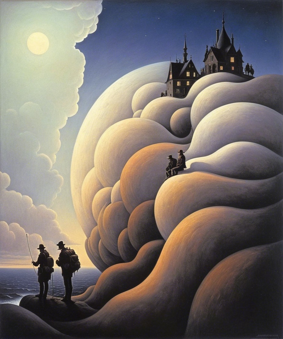 Surreal Landscape with Figures and Luminous Moon