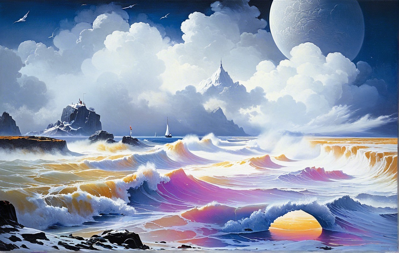 Surreal Seascape with Waves and Setting Sun