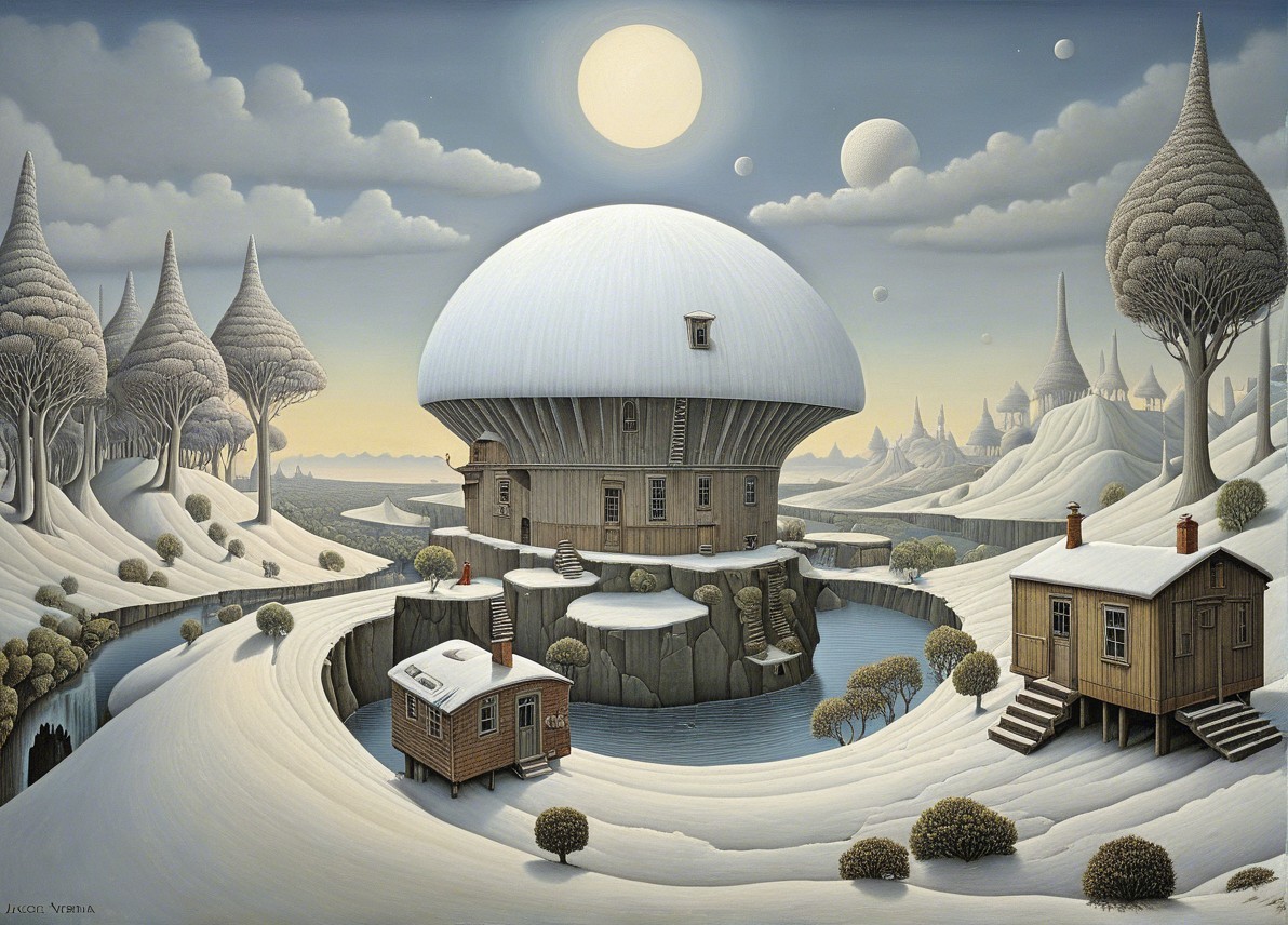 Surreal Landscape with Dome Structure and River