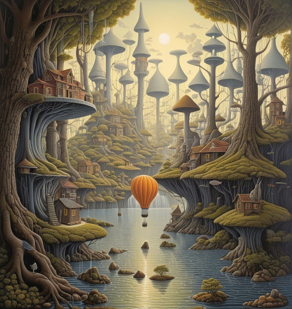 Whimsical Landscape with Trees, Mushrooms, and River