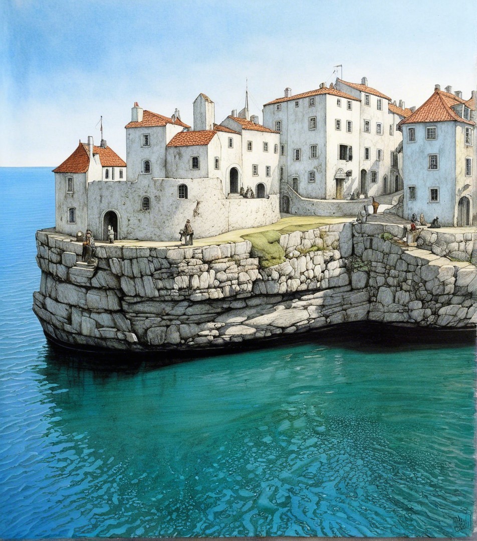 Coastal Scene with Whitewashed Buildings and Turquoise Waters