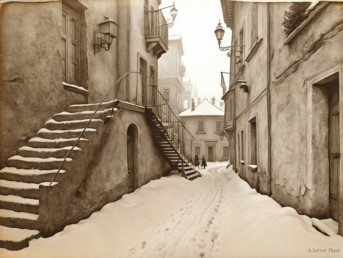 Narrow Snowy Street with Historic Architecture and Lanterns