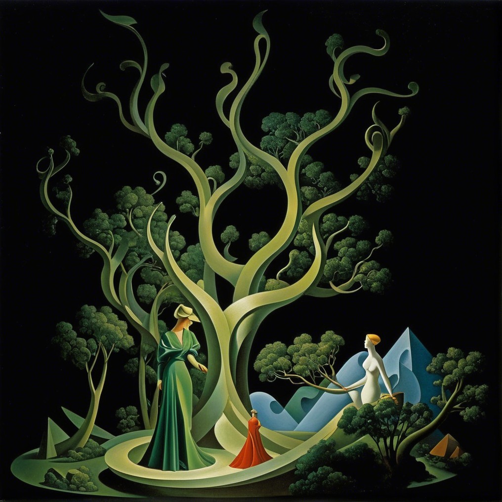 Stylized Figures Amidst Abstract Nature Elements