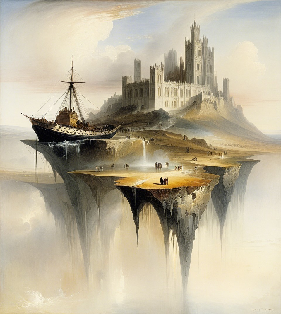 Surreal Landscape with Floating Castle and Waterfalls
