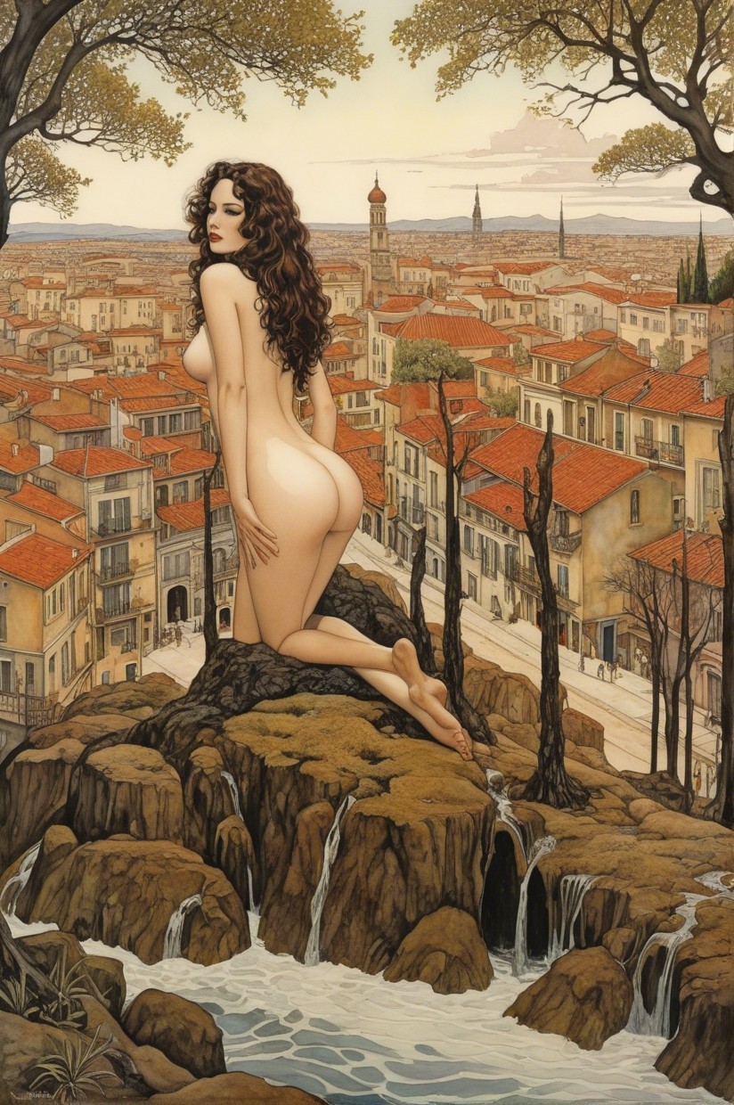 Serene Landscape with City and Cascading Water