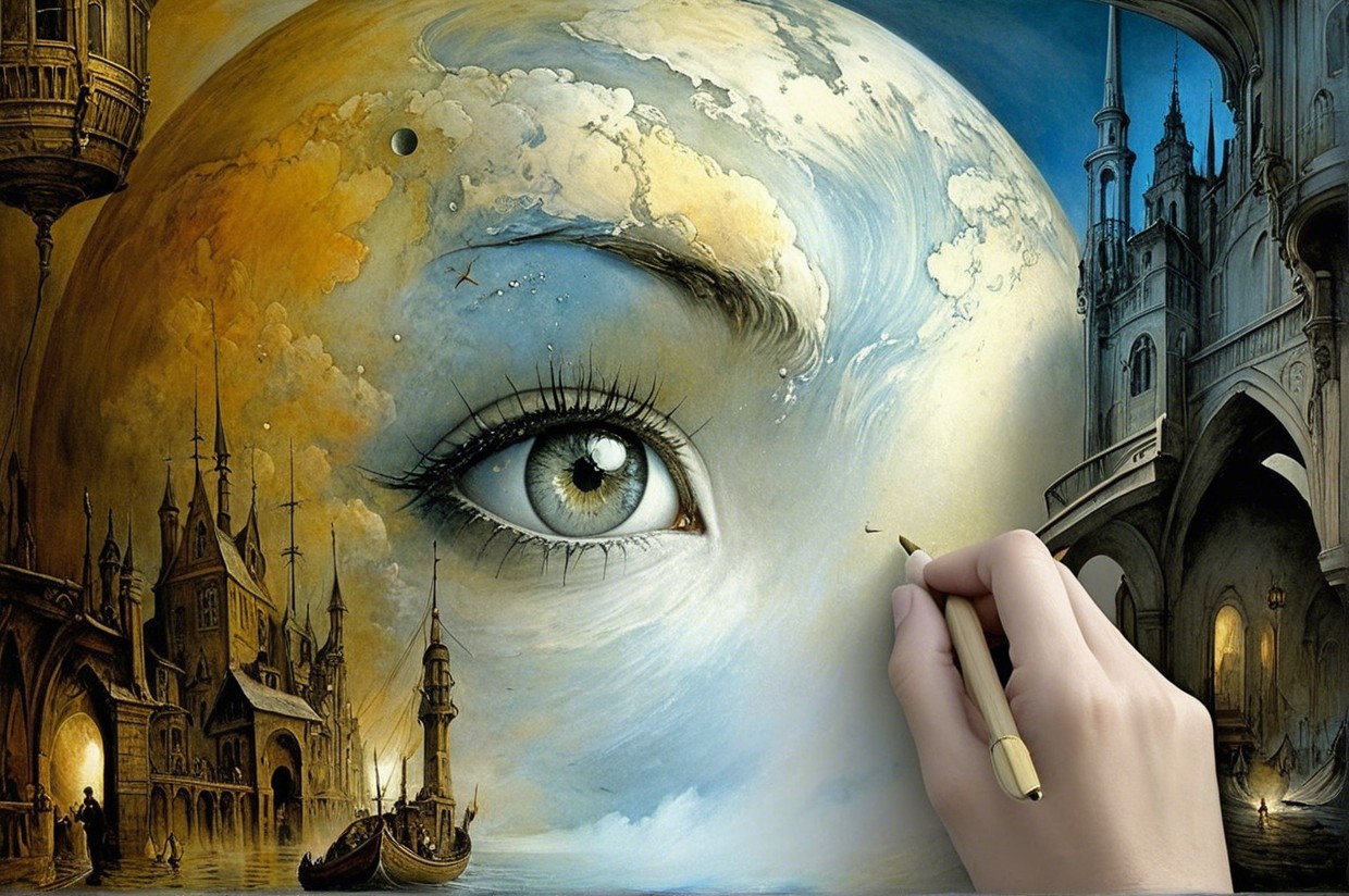 Surreal Scene with Eye Over Castles and Waterways