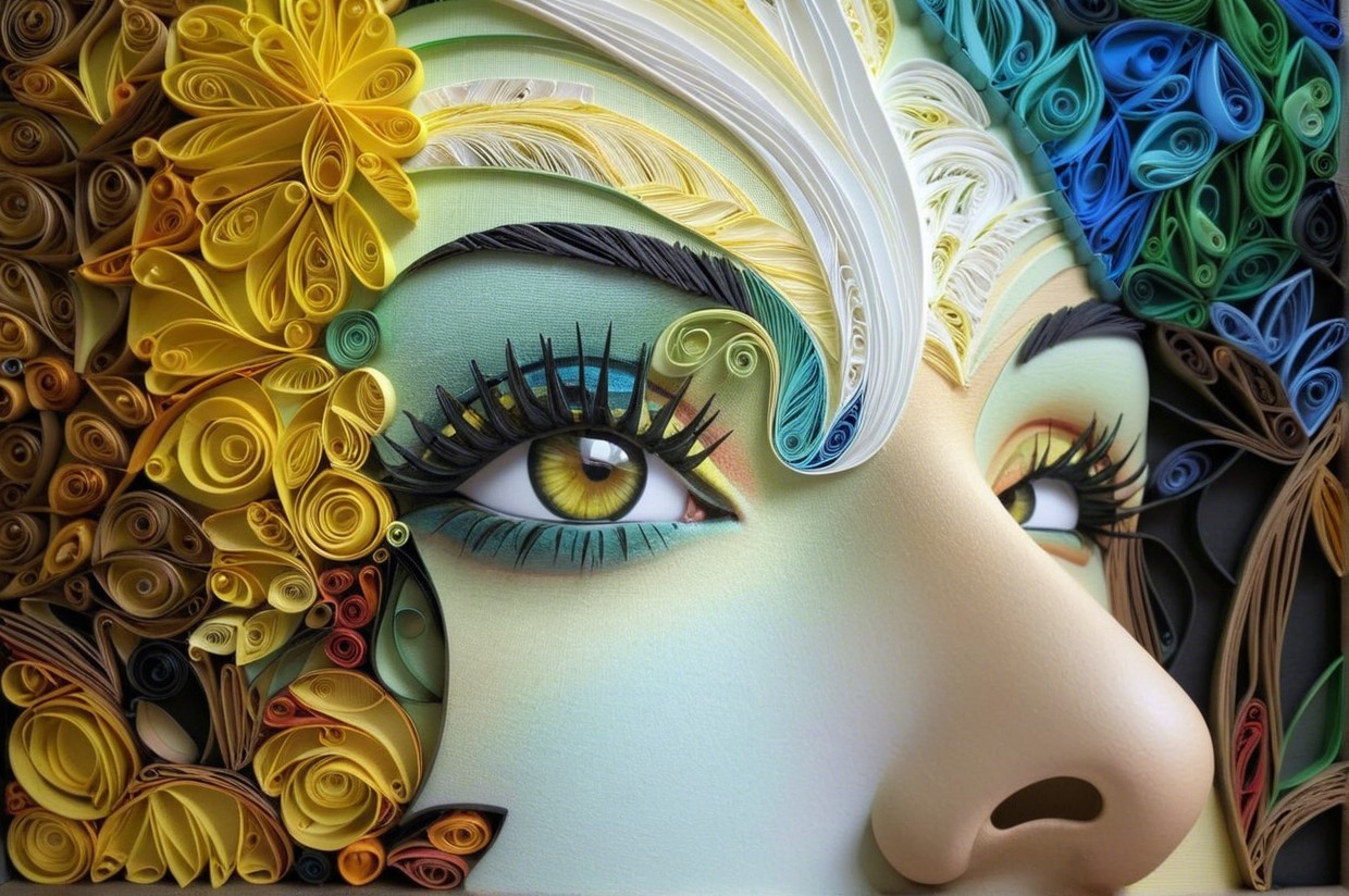Close-Up of a Stylized Face with Rolled Paper Elements