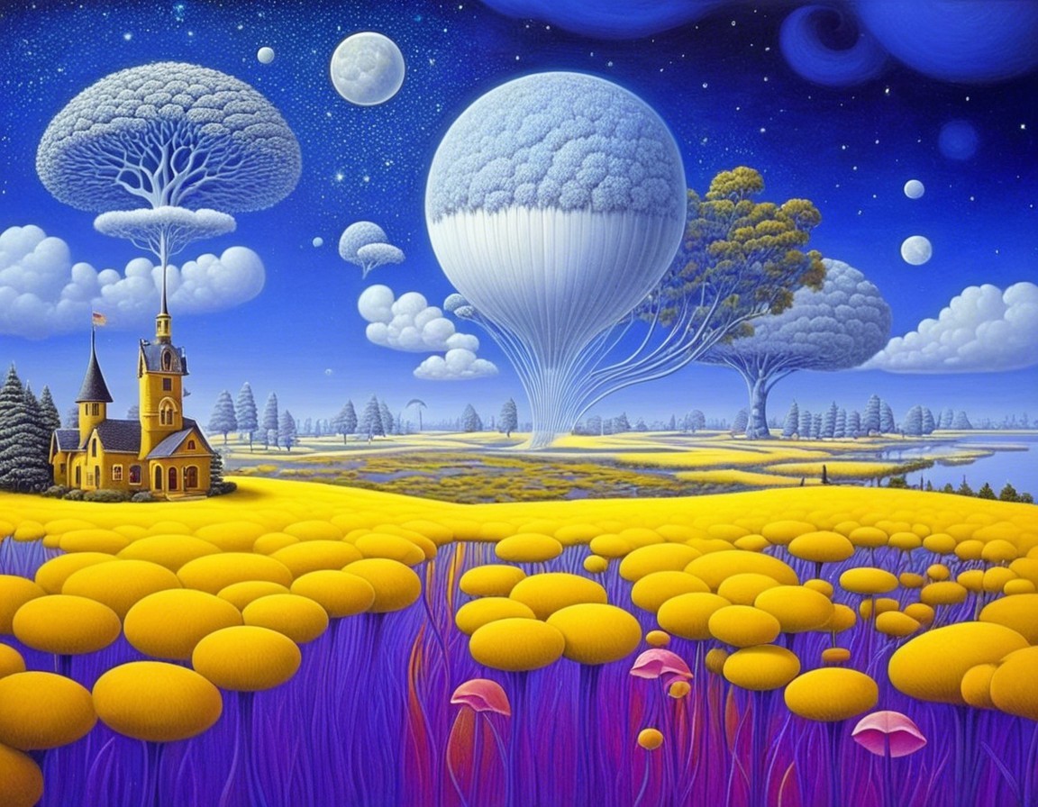 Surreal Landscape with Flowers, Trees, and Balloons