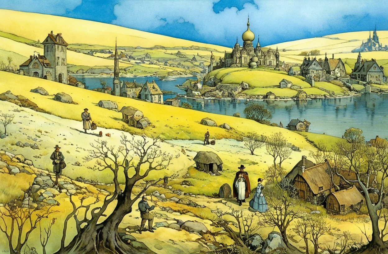 Whimsical Landscape with Hills, Lake, and Castle