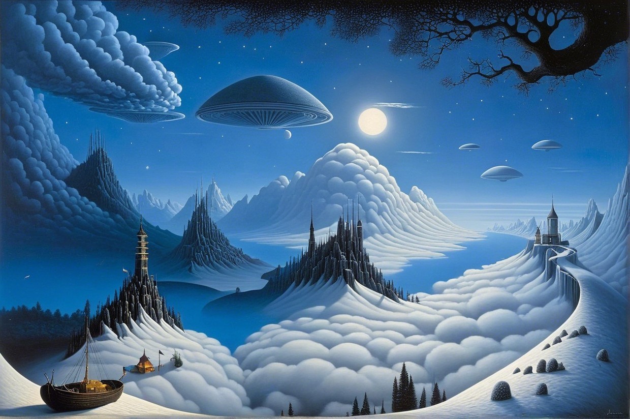 Surreal Night Landscape with Mountains and Spacecraft