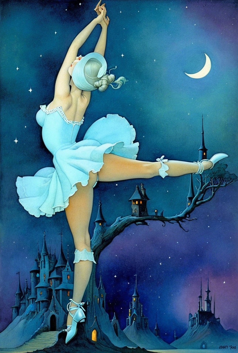 Ballerina in Blue Dress Dances Among Fantasy Castles