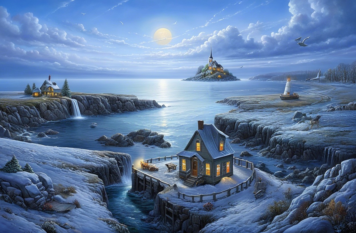 Winter Landscape with House, River, and Cliffs