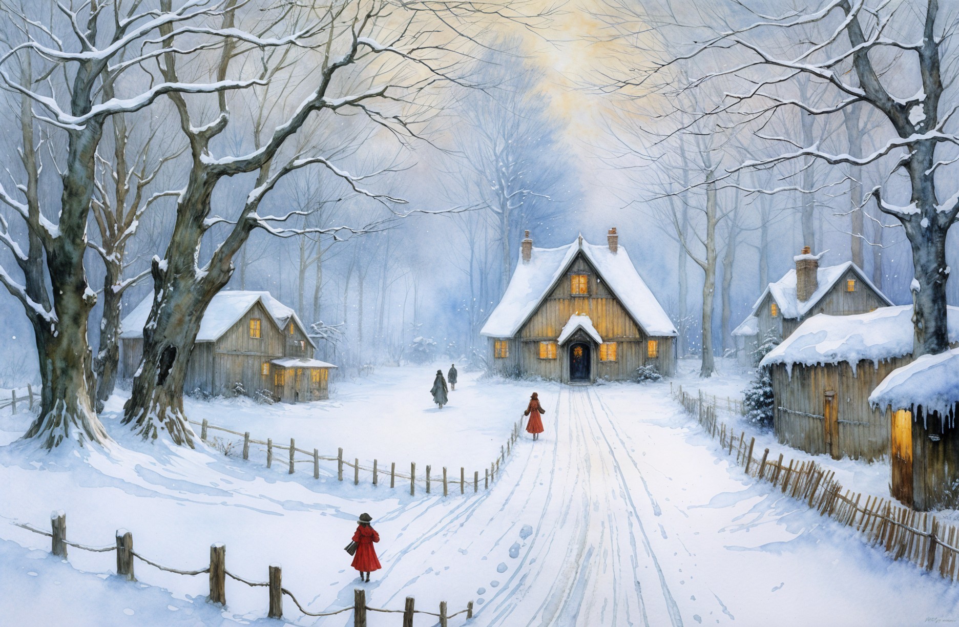 Serene Winter Scene with Wooden Houses and Snow