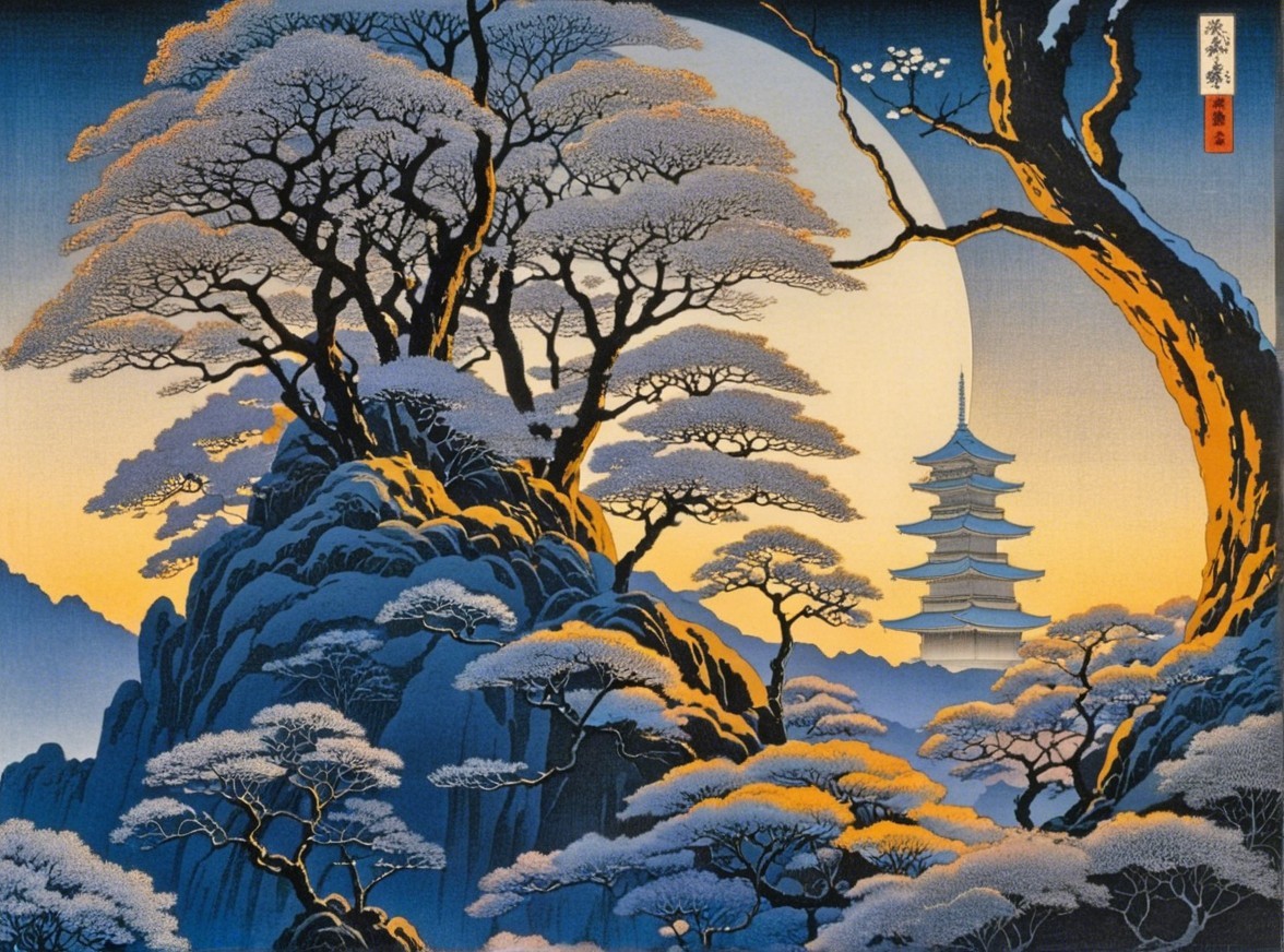 Serene Landscape with Pagoda and Rocky Terrain