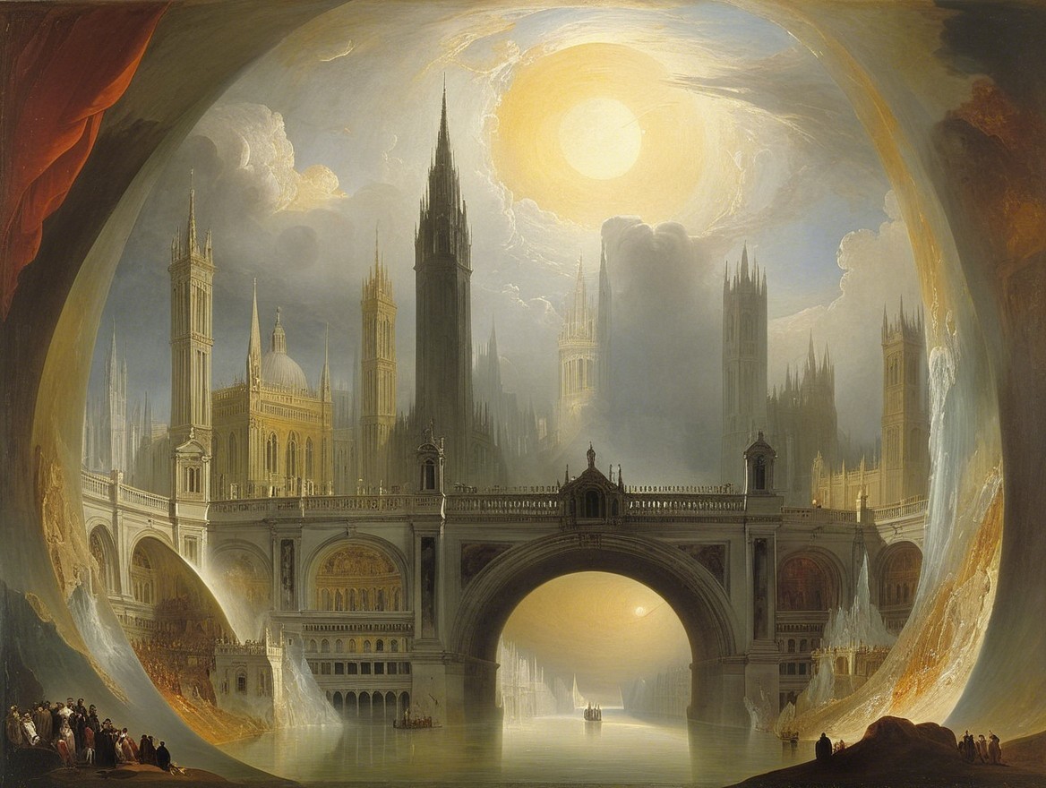 Fantastical cityscape with towering spires and bridge