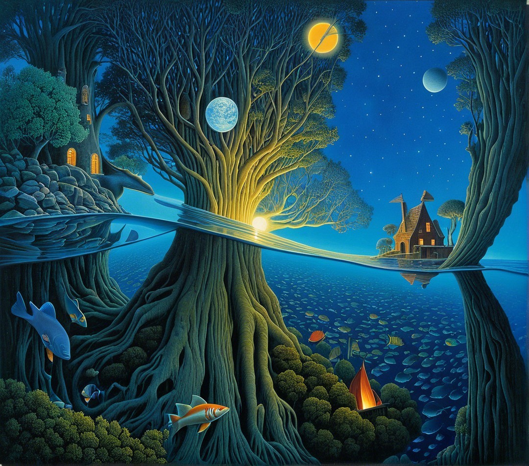 Surreal Landscape with Intertwined Trees and Water