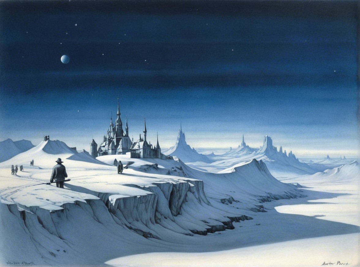 Snowy Landscape with Castle and Twilight Sky