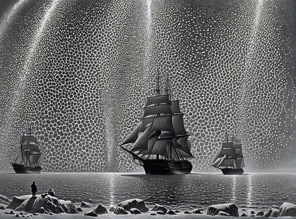 Monochromatic Scene of Ships on Calm Sea with Hexagons