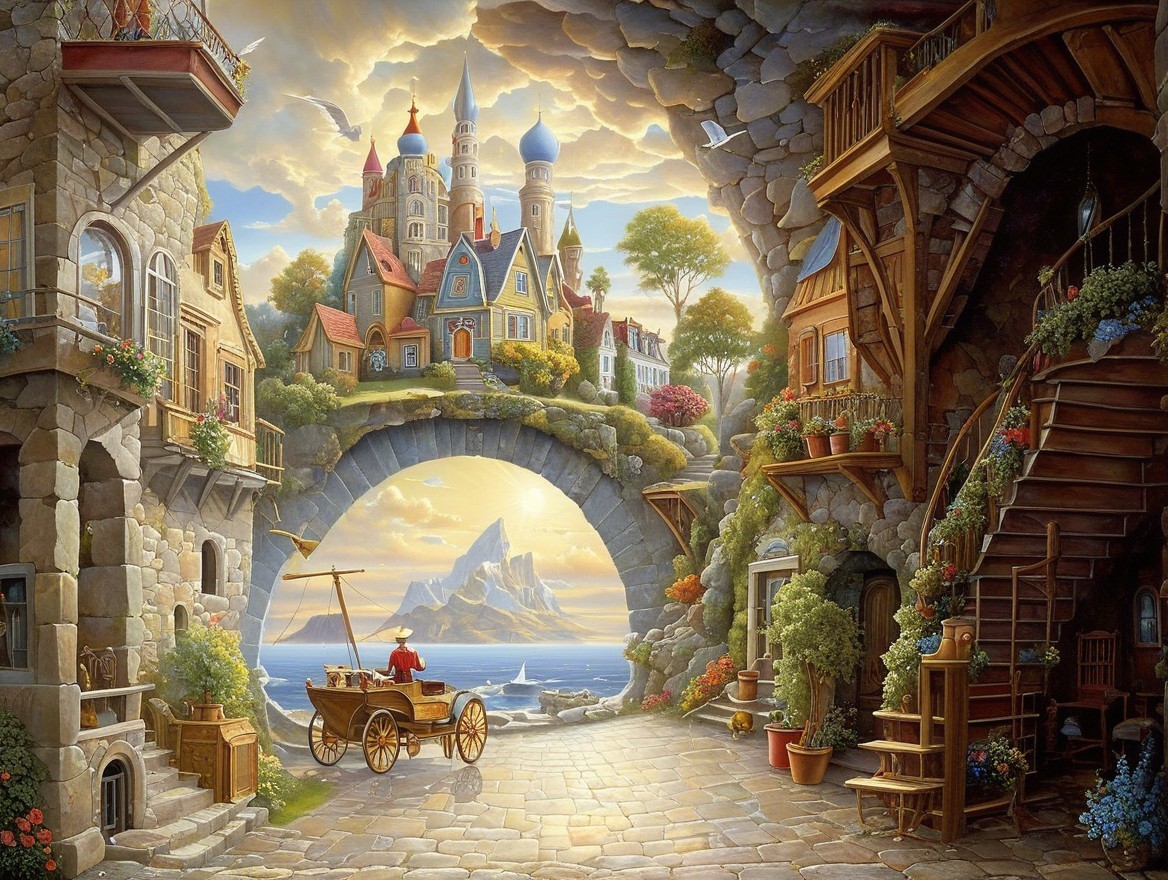 Quaint village with colorful houses and whimsical towers