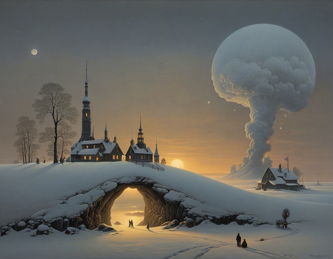 Winter Landscape with Village and Surreal Mushroom Cloud