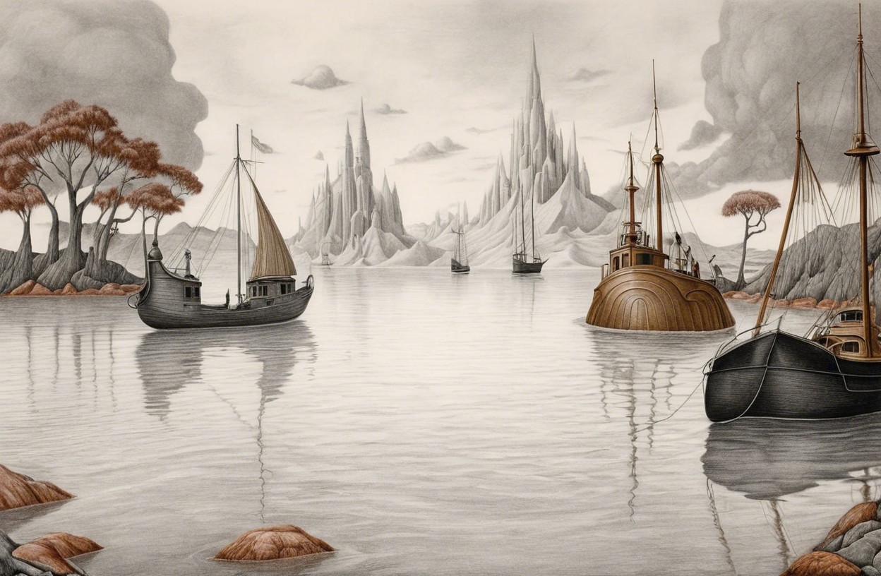 Serene Landscape with Boats and Majestic Mountains