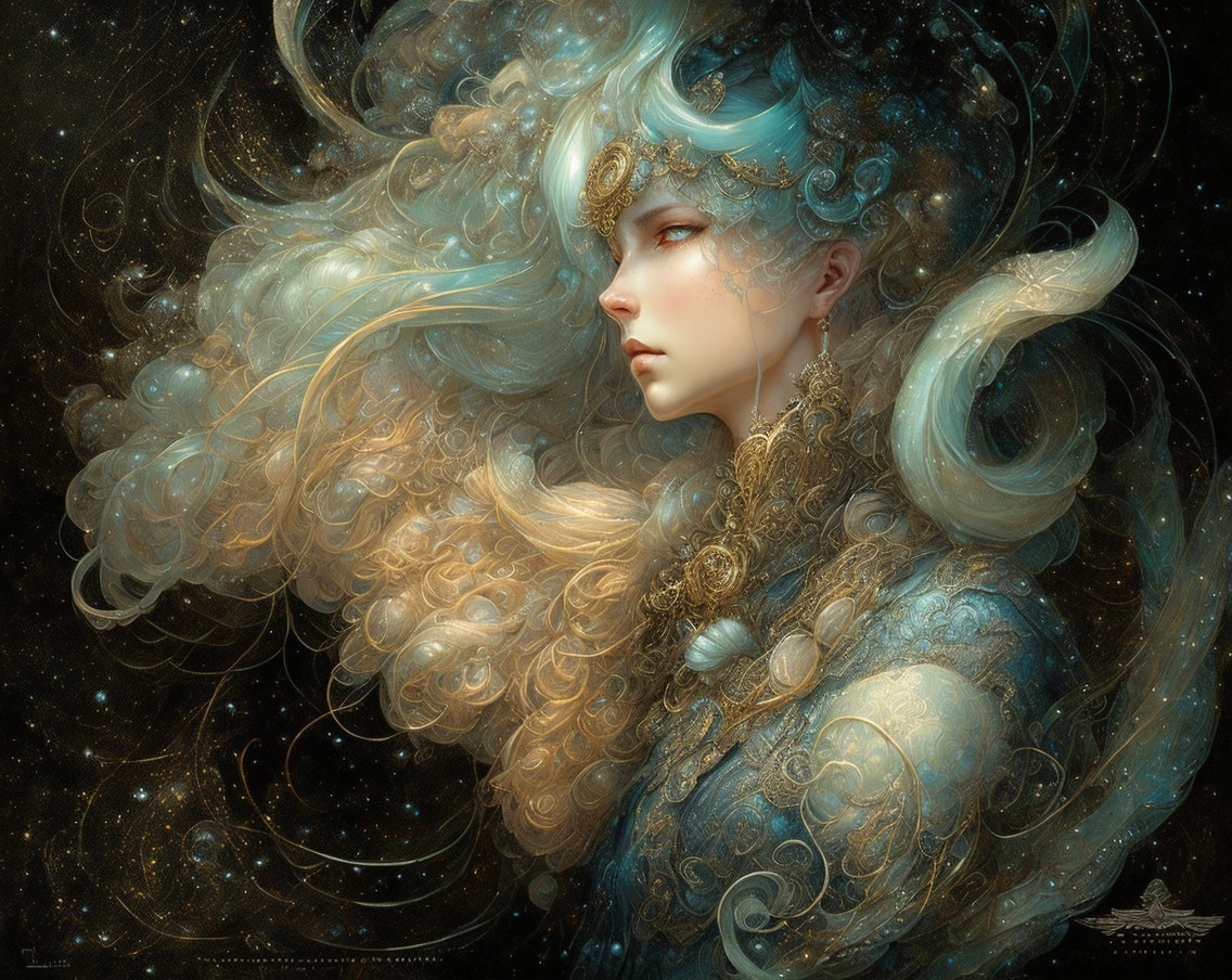 Fantastical Portrait of Woman with Starry Backdrop
