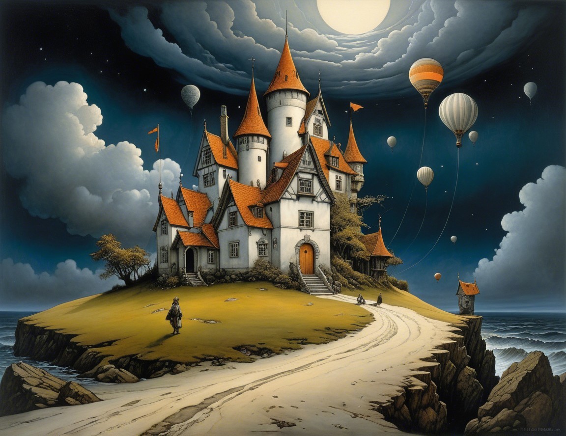 Whimsical Castle on Cliff with Hot Air Balloons