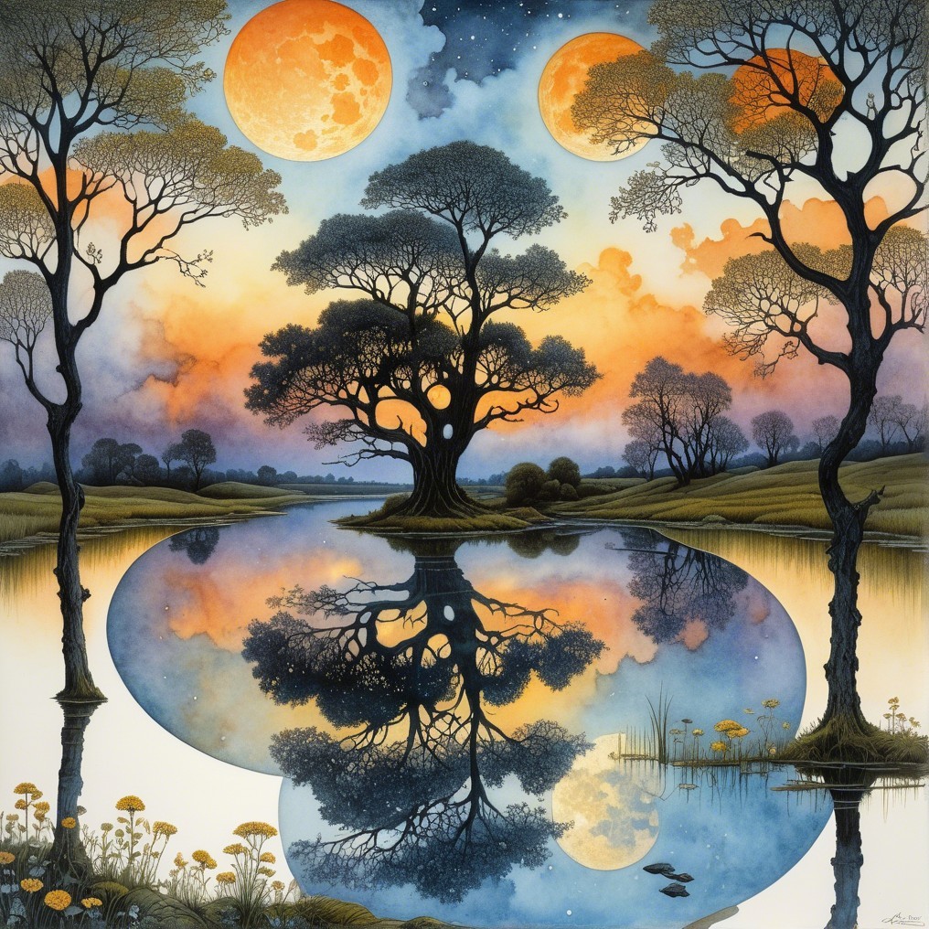 Tranquil Lake Landscape with Two Moons at Twilight