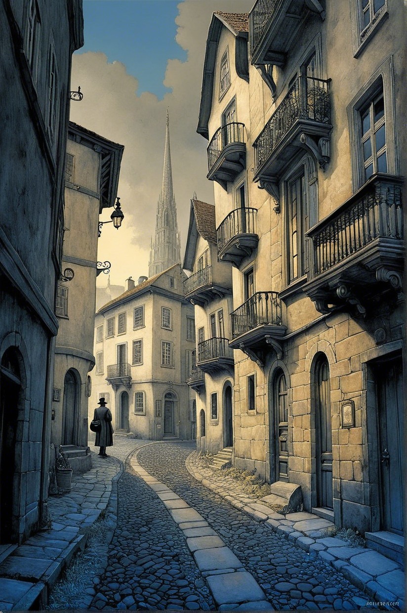 Narrow Cobblestone Street with Rustic Buildings and Spire