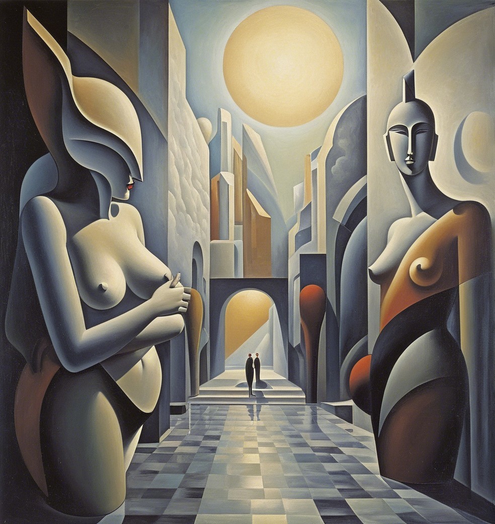 Surreal Architectural Scene with Abstract Figures