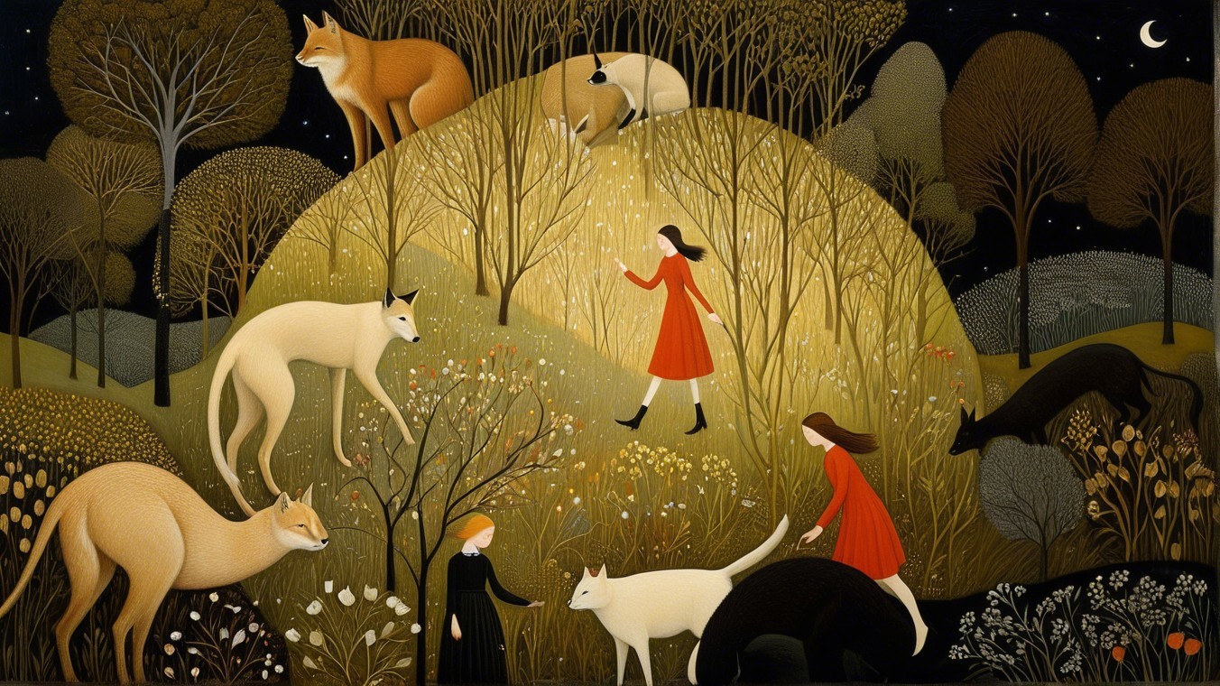 Whimsical Landscape with Women and Stylized Animals