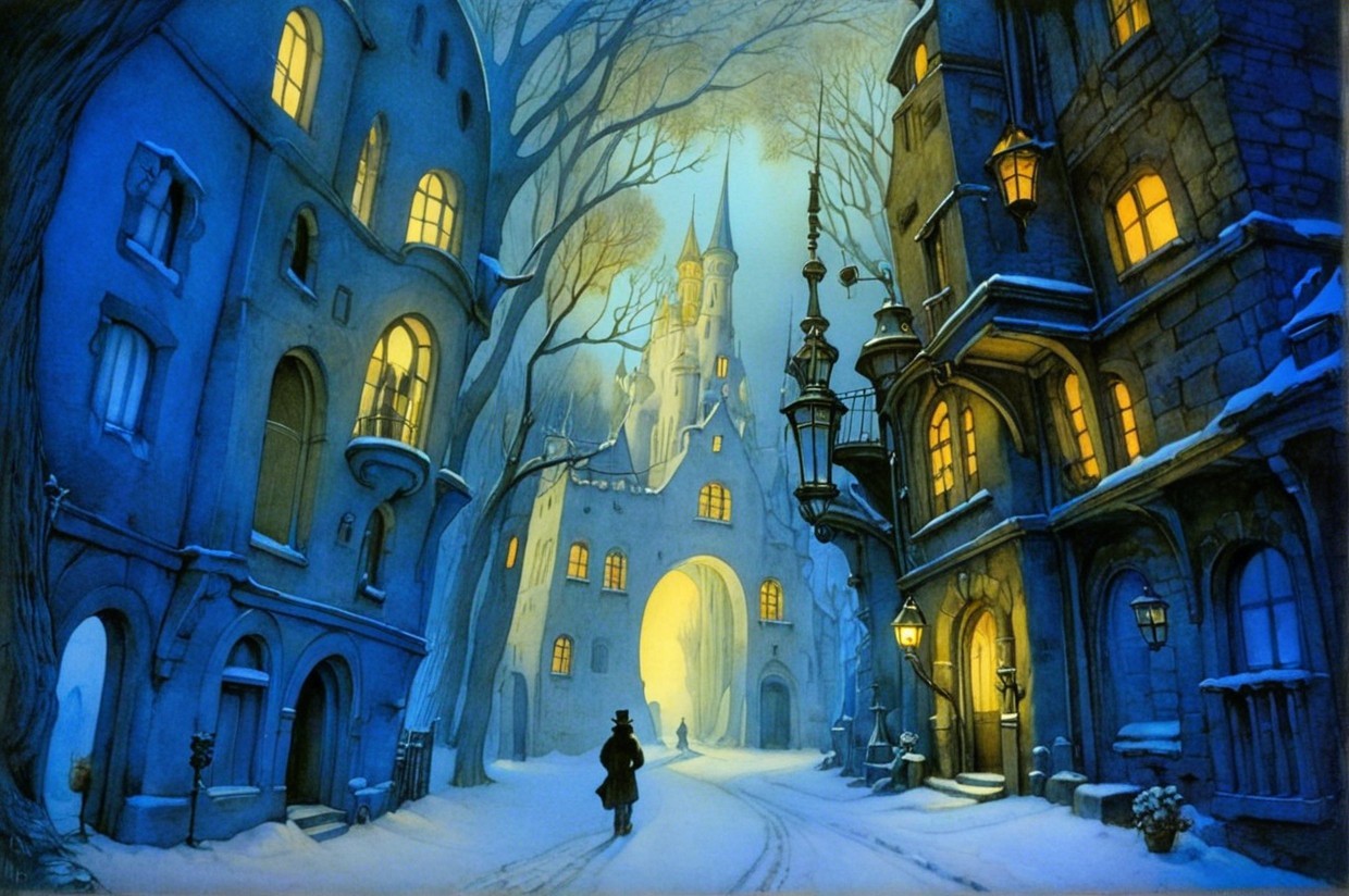 Magical Winter Scene in a Snow-Covered Town