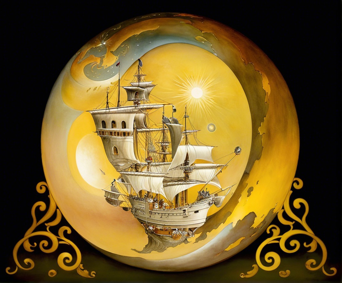 Whimsical Painting of Ship in Ornate Globe Landscape