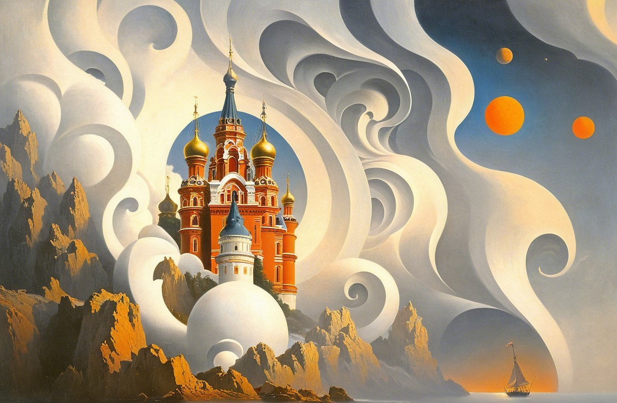 Colorful Grand Castle with Planets in Twilight Sky
