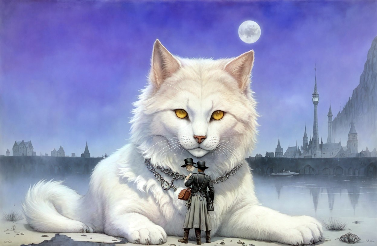 Majestic White Cat in Mystical Night Landscape