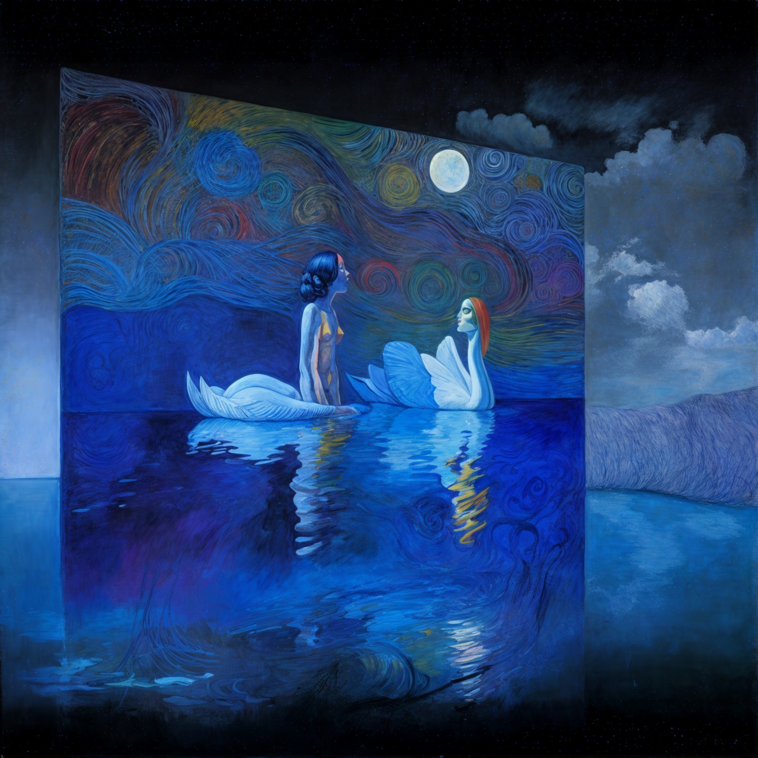 Ethereal Swan Figures in a Colorful Night Scene