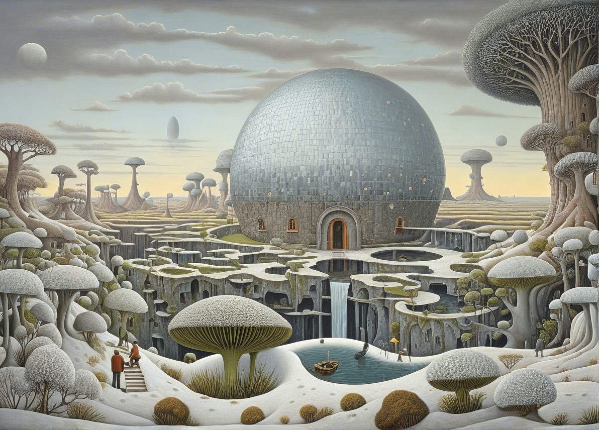 Dreamscape of Reflective Domes and Trees