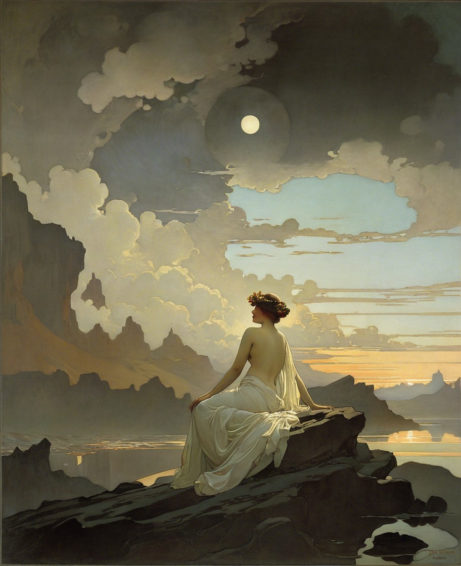 Serene Woman in White Gown Under Luminous Moon