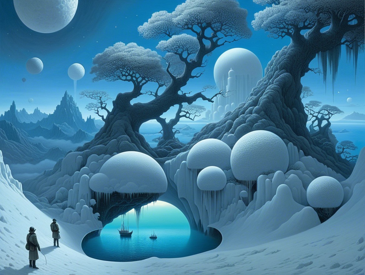 Surreal Icy Landscape with Giant Spheres and Figures