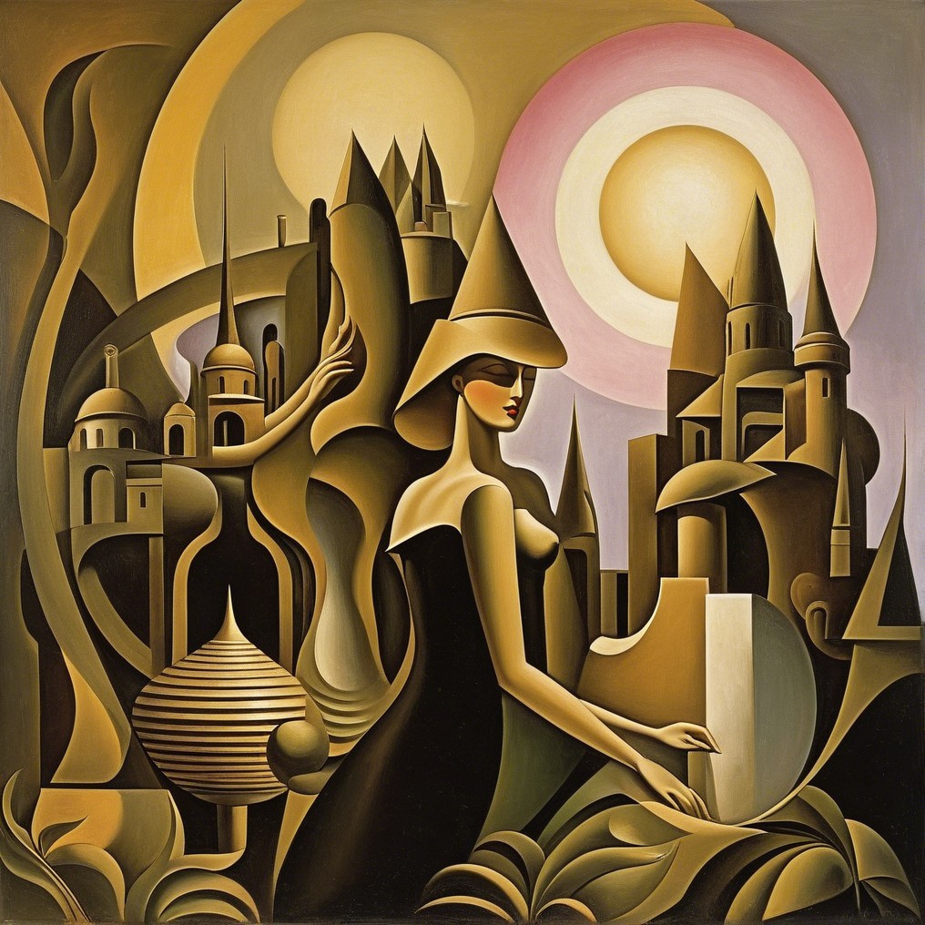 Stylized Woman in Black Dress in Surreal Landscape