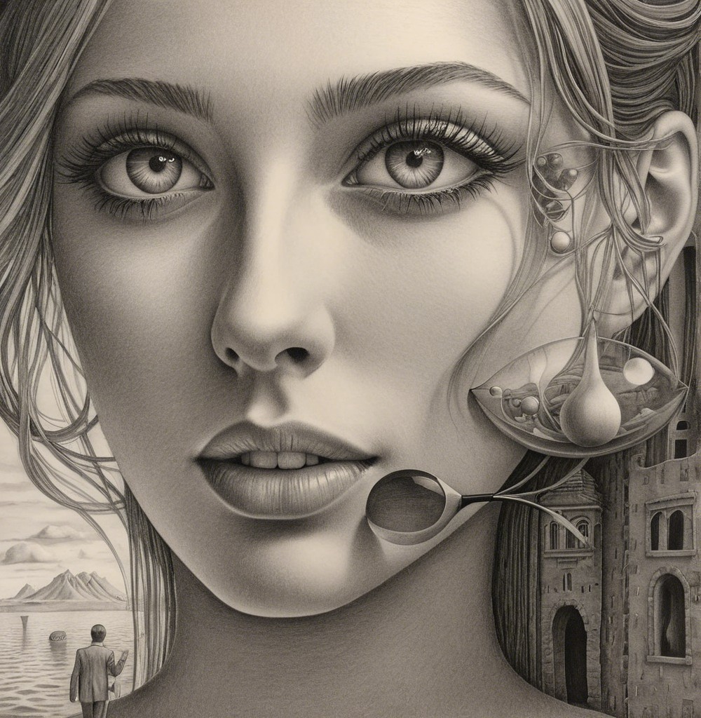 Hyper-realistic portrait of a young woman with surrealism