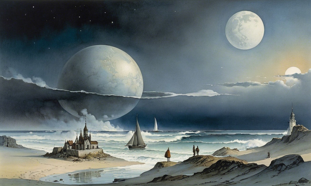 Surreal Beach Landscape with Moons and Castle