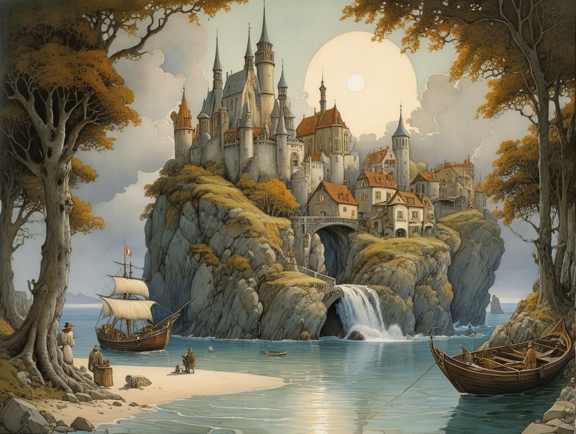 Majestic Castle on Rocky Island with Scenic Waterfall