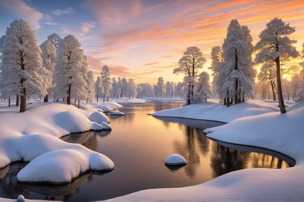 Serene Winter Landscape with Snow and Sunset Hues
