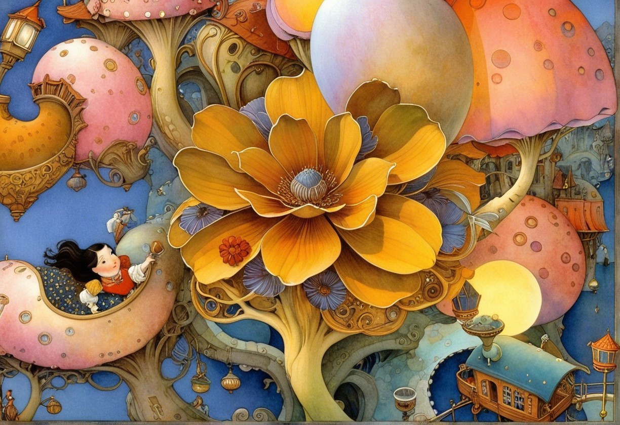 Whimsical Scene with Oversized Mushrooms and Flowers